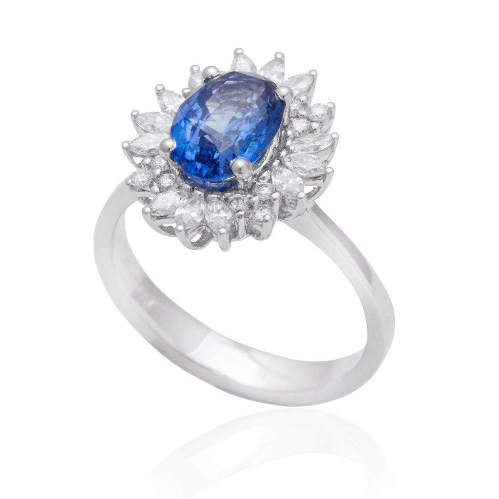 Blue Sapphire and Diamond Cluster 18K White Gold Ring