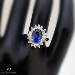 Blue Sapphire and Diamond Cluster 18K White Gold Ring