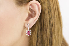 Ruby and Diamond Cluster 18K White Gold Dangly Earrings