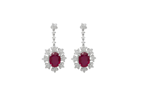 Ruby and Diamond Cluster 18K White Gold Dangly Earrings