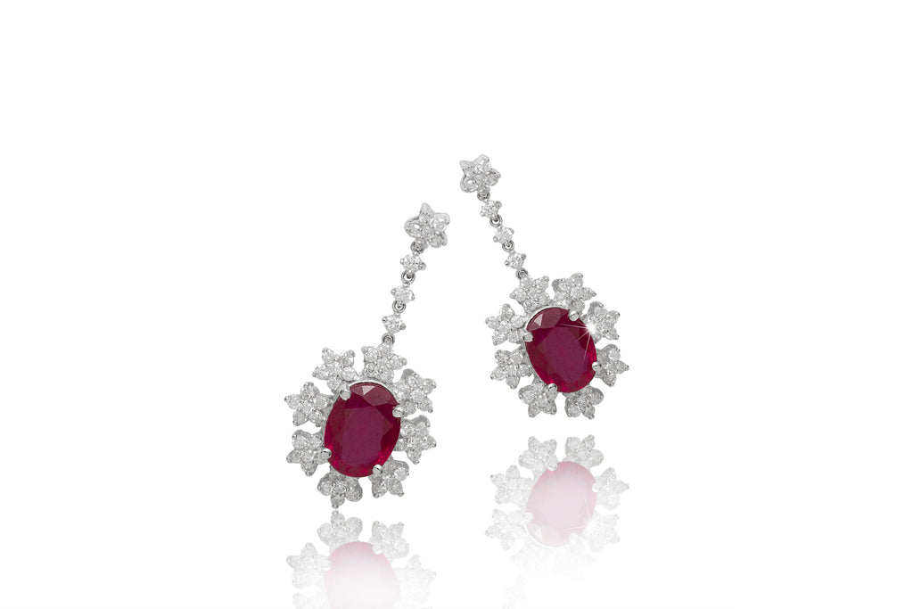 Ruby and Diamond Cluster 18K White Gold Dangly Earrings