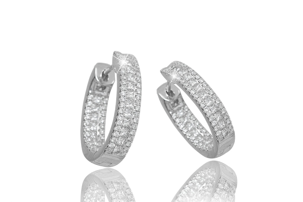 Three Row Diamond 18K White Gold Hoop Earrings