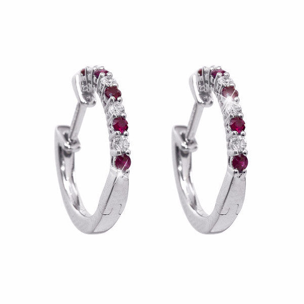 Ruby and Diamond Hoop 18K White Gold Earrings