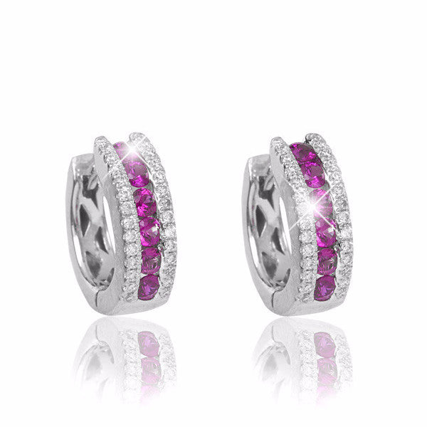 Ruby and Diamond Hoop 18K White Gold Earrings - OUT OF STOCK