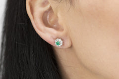 Emerald and Diamond Cluster 18K White Gold Stud Earrings