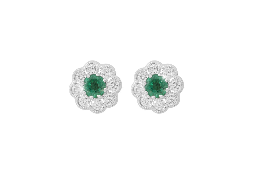 Emerald and Diamond Cluster 18K White Gold Stud Earrings