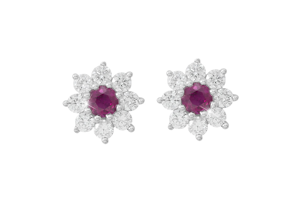 Ruby and Diamond Cluster 18K White Gold Stud Earrings