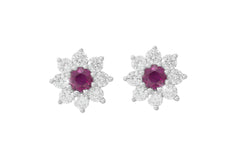 Ruby and Diamond Cluster 18K White Gold Stud Earrings