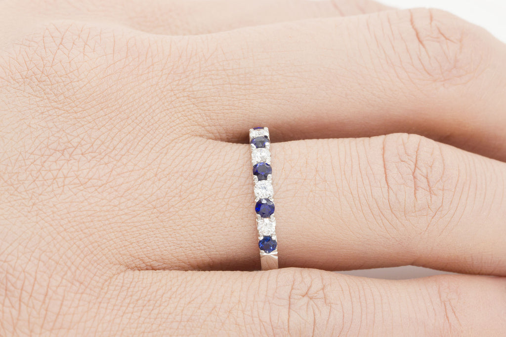 Round Cut Blue Sapphire and Diamond Half Eternity 18K White Gold Ring