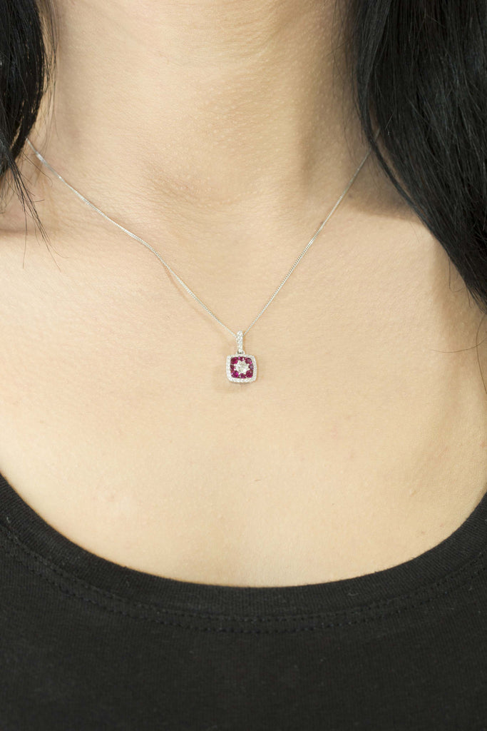 Ruby and Diamond Square Shaped 18K White Gold Pendant