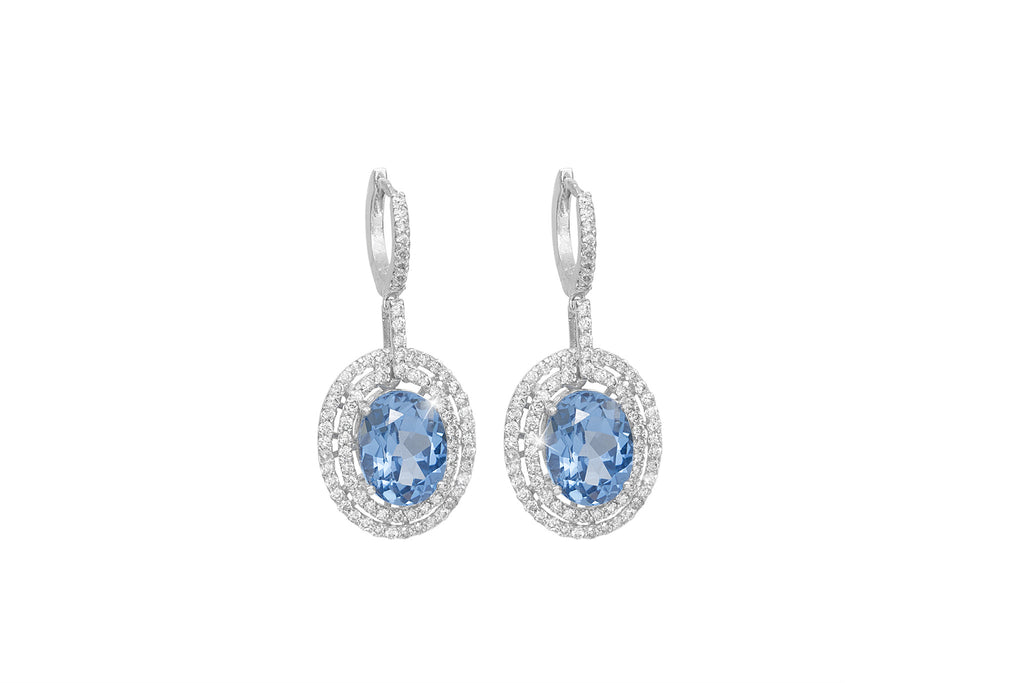 Topaz and Diamond 2 Row Halo 18K White Gold Dangly Earrings