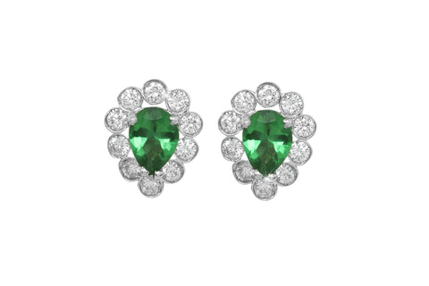 Pear Shaped Emerald and Diamond Cluster 18K White Gold Stud Earrings