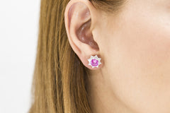 Pink Sapphire and Diamond Cluster 18K White Gold Stud Earrings