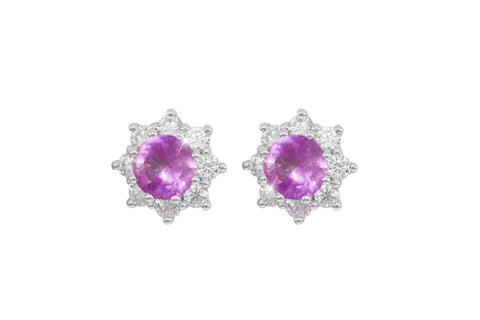 Pink Sapphire and Diamond Cluster 18K White Gold Stud Earrings