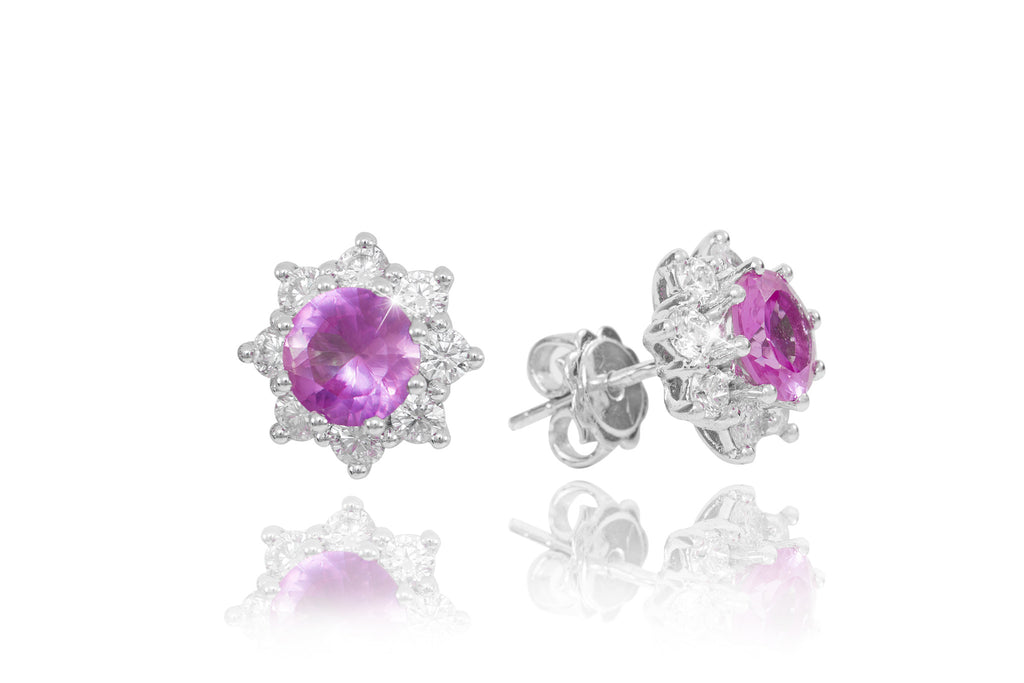 Pink Sapphire and Diamond Cluster 18K White Gold Stud Earrings