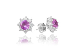 Pink Sapphire and Diamond Cluster 18K White Gold Stud Earrings