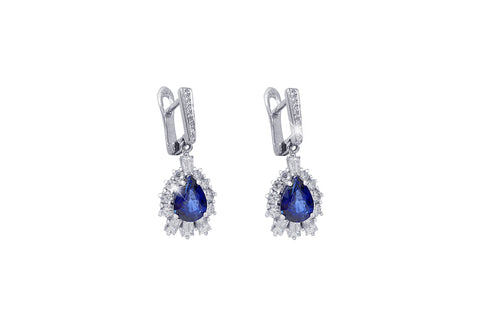 Blue Sapphire and Diamond Multi Cut 18K White Gold Chandelier Earrings