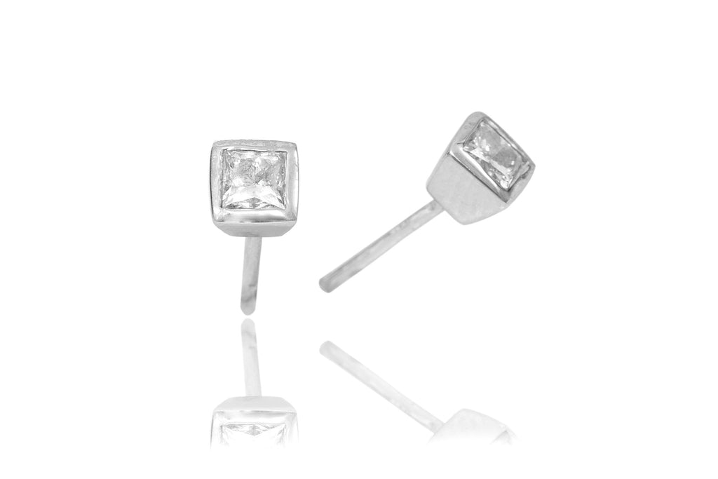 Rub Over Princess Cut Diamond 18K White Gold Stud Earrings - OUT OF STOCK