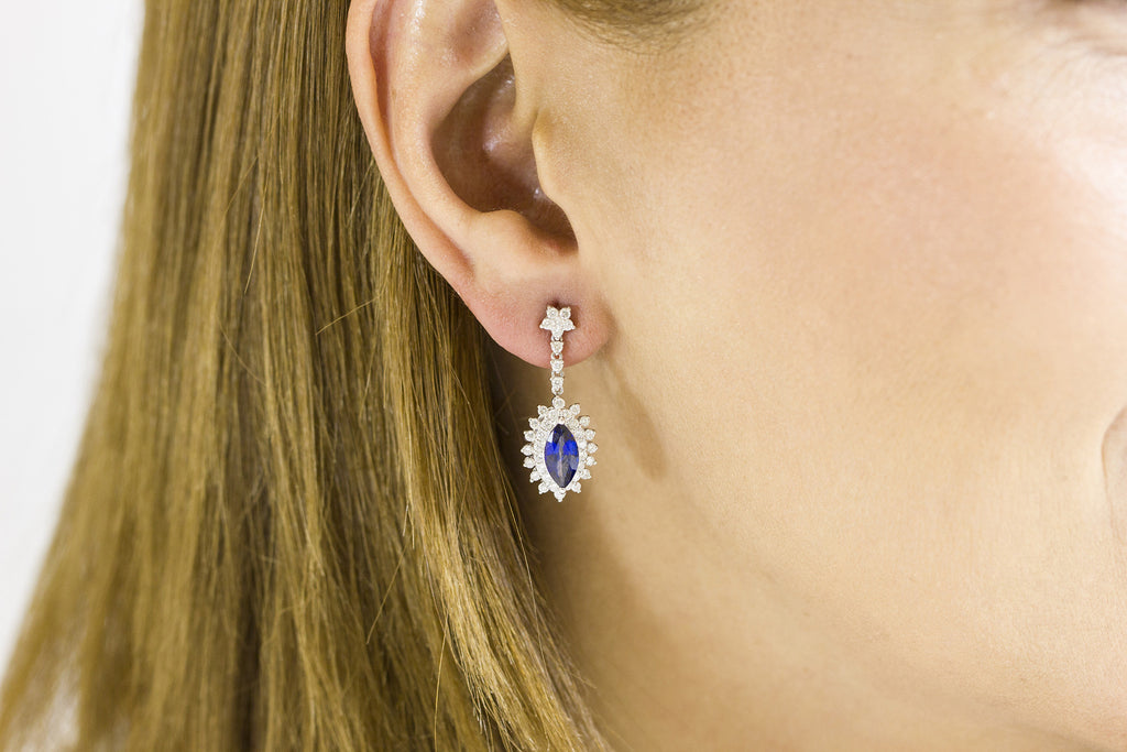 Blue Sapphire and Diamond 18K White Gold Dangly Earrings