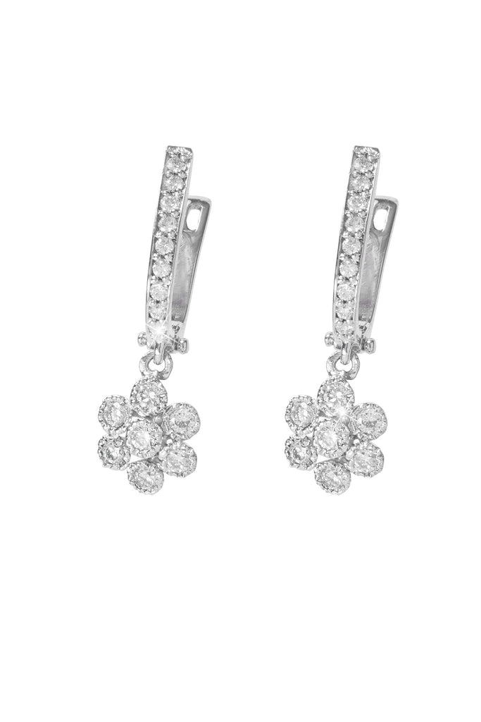 Flower Shaped Diamond 18K White Gold Dangly Earrings