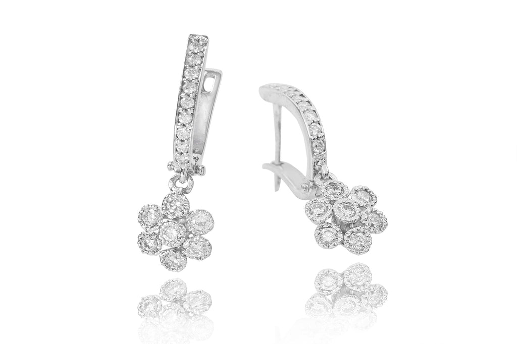 Flower Shaped Diamond 18K White Gold Dangly Earrings