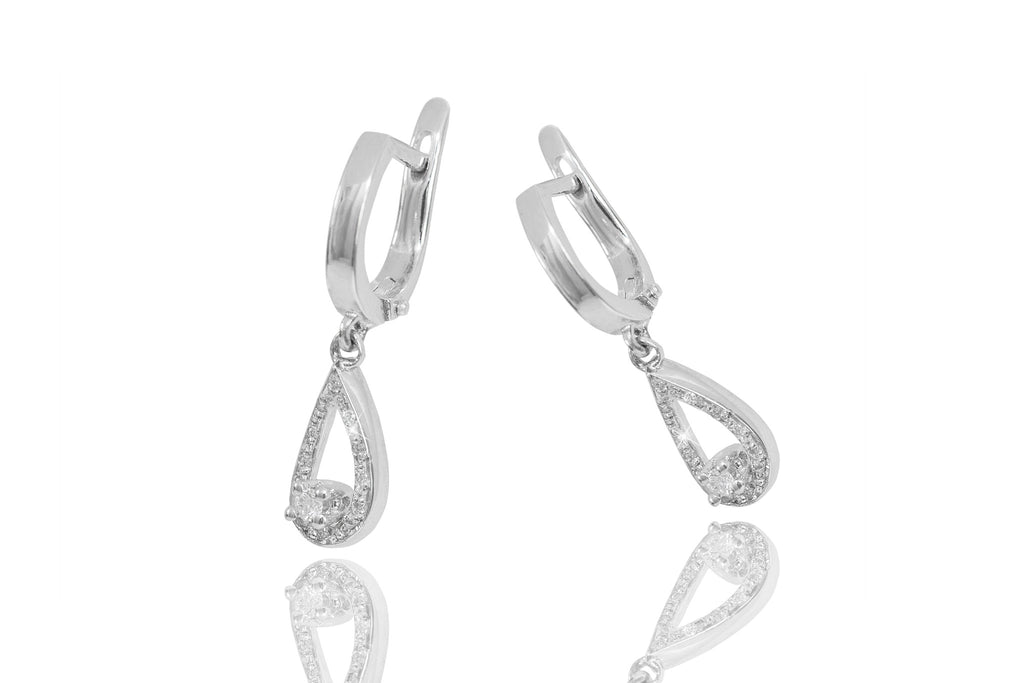 Diamond Drop Shaped 18K White Gold Dangly Earrings - OUT OF STOCK