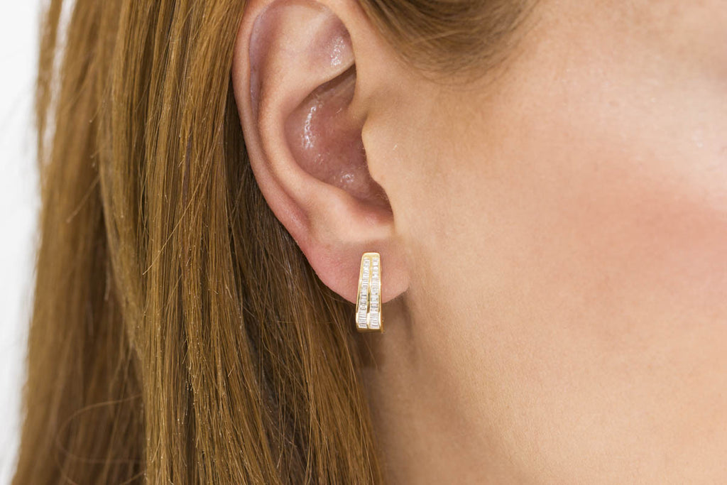 Two Row Baguette Diamond 18K Yellow Gold Earrings