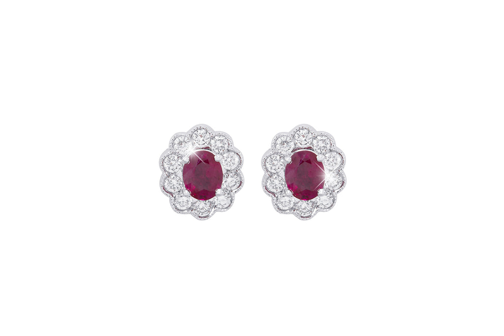 Ruby and Diamond Cluster 18K White Gold Stud Earrings