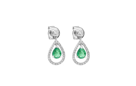 Pear Shape Emerald and Diamond 18K White Gold Dangly Earrings