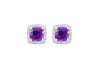 Cushion Cut Amethyst and Diamond Halo 18K White Gold Stud Earrings