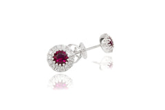 Ruby and Diamond Halo 18K White Gold Stud Earrings