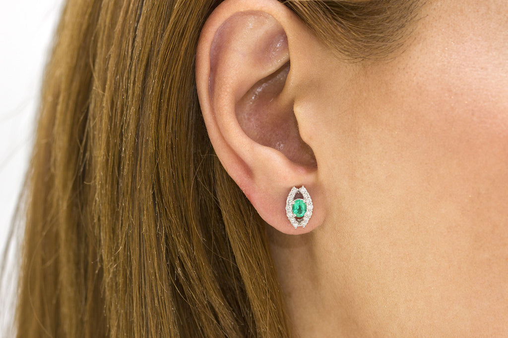 Emerald and Diamond 18K White Gold Stud Earrings