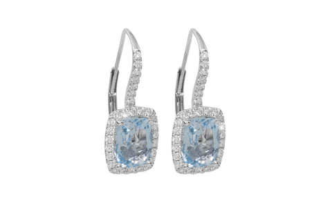 Blue Aquamarine and Diamond 18K White Gold Dangly Earrings