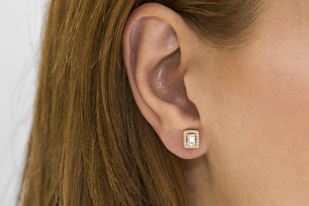 Baguette Cut Diamond Halo 18K Rose Gold Stud Earrings