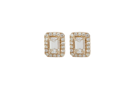 Baguette Cut Diamond Halo 18K Rose Gold Stud Earrings