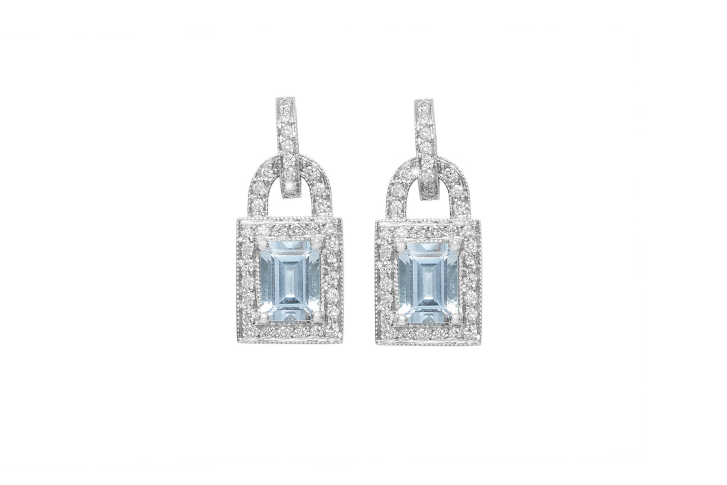 Aquamarine and Diamond Lock Shaped 18K White Gold Earrings