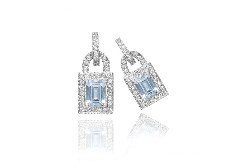Aquamarine and Diamond Lock Shaped 18K White Gold Earrings