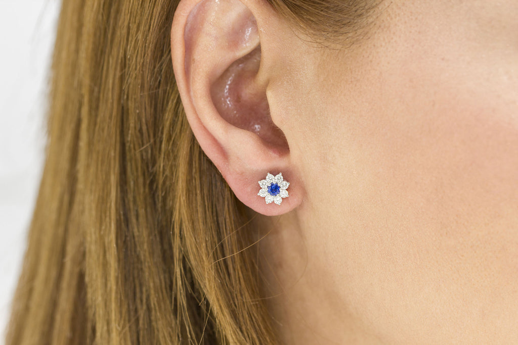 Blue Sapphire and Diamond Cluster 18K White Gold Stud Earrings