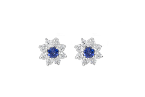 Blue Sapphire and Diamond Cluster 18K White Gold Stud Earrings