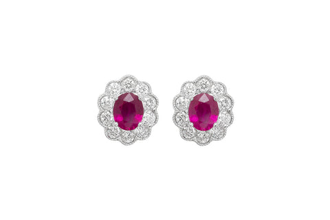 Ruby and Diamond Cluster 18K White Gold Stud Earrings