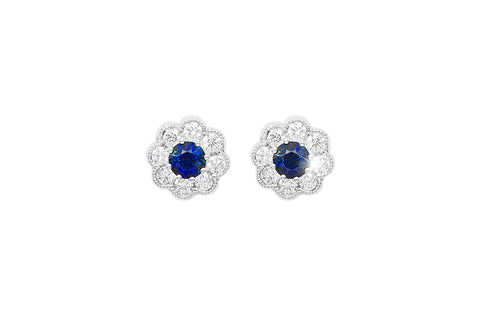 Blue Sapphire and Diamond Cluster 18K White Gold Stud Earrings