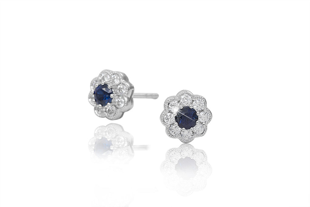 Blue Sapphire and Diamond Cluster 18K White Gold Stud Earrings