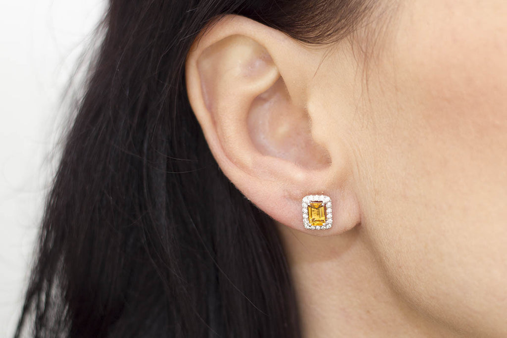 Citrine and Diamond Halo 18K White Gold Stud Earrings - OUT OF STOCK