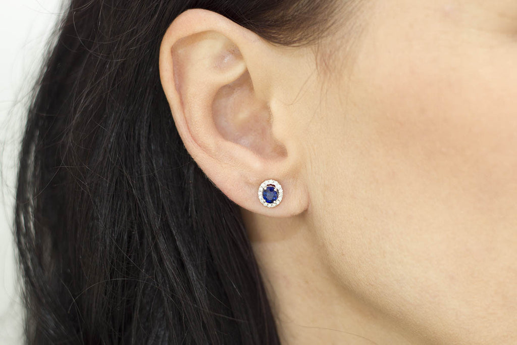 Blue Sapphire and Diamond Halo 18K White Gold Stud Earrings