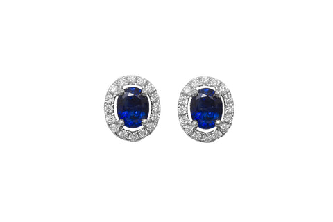 Blue Sapphire and Diamond Halo 18K White Gold Stud Earrings