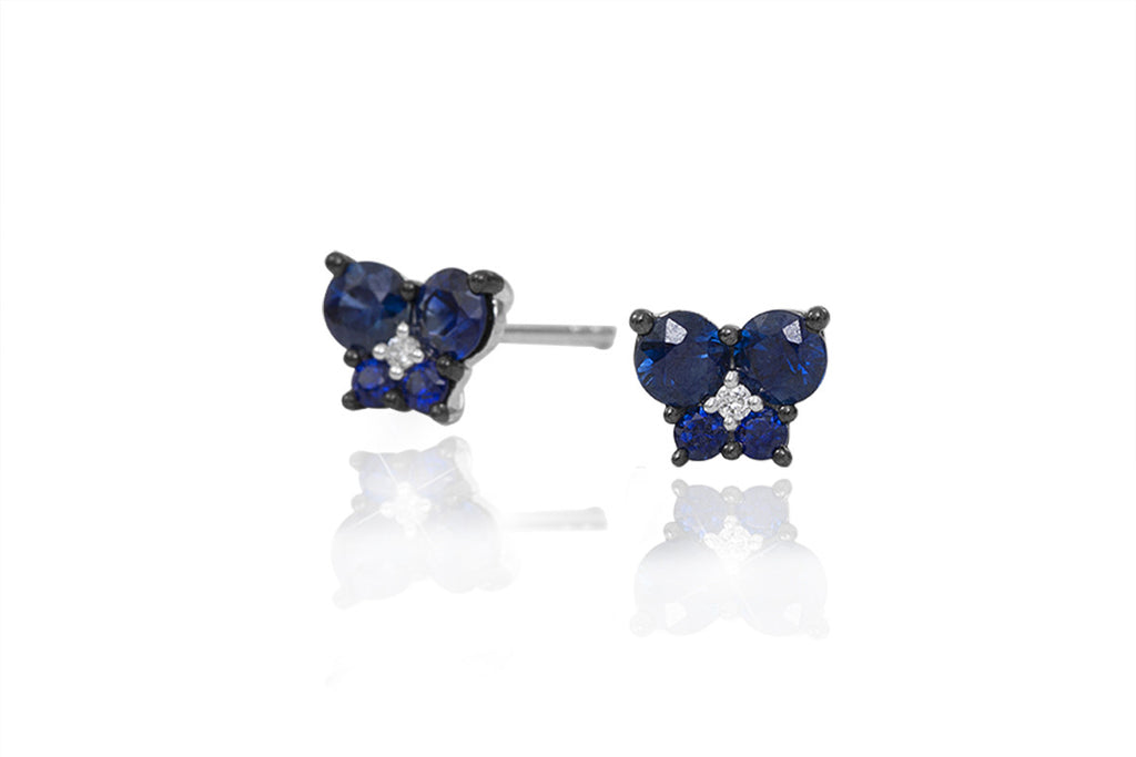 Blue Sapphire and Diamond Butterfly 18K White Gold Stud Earrings