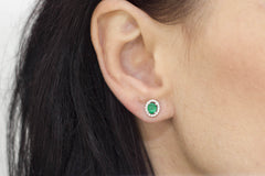 Emerald and Diamond Halo 18K White Gold Stud Earrings