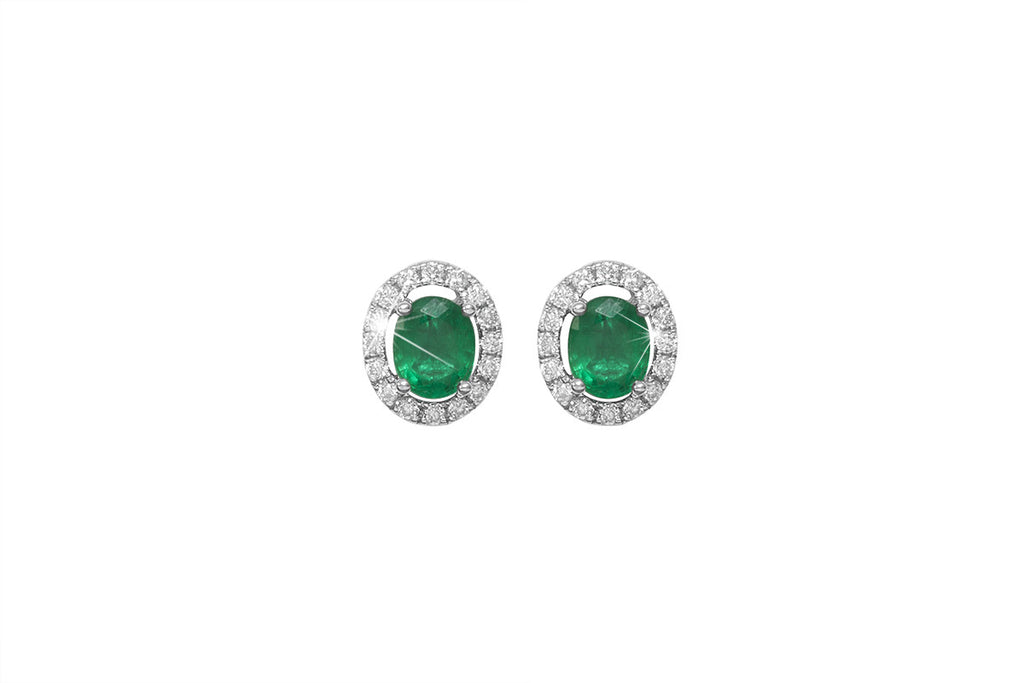 Emerald and Diamond Halo 18K White Gold Stud Earrings