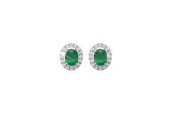 Emerald and Diamond Halo 18K White Gold Stud Earrings