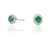 Emerald and Diamond Halo 18K White Gold Stud Earrings